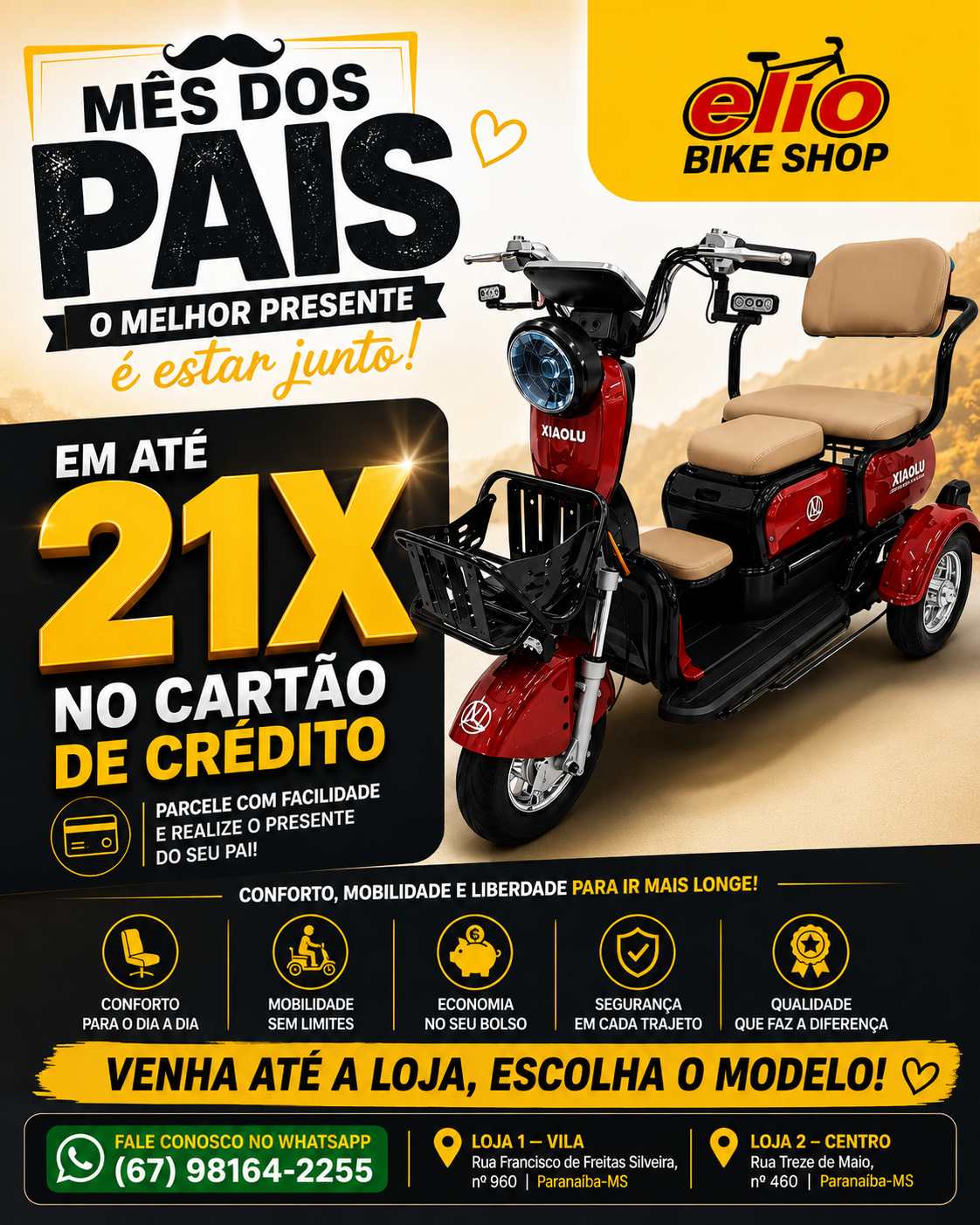 Triciclo elétrico vermelho disponível na Elio Bike Shop
